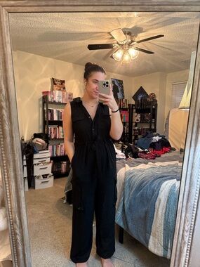 Monteau Black Sleeveless Utility Jumpsuit with Drawstring Waist